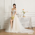 Profissionalmente projetado, elegante, damas bordadas, vestido de noiva chinês chinês com trem branco Deep V decote de decote